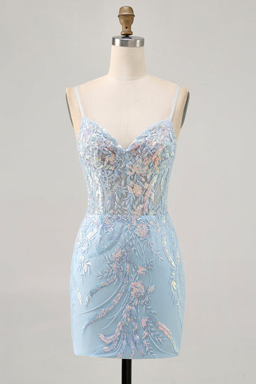 Light Blue Corset Appliqued Bodycon Homecoming Dress with Sequins